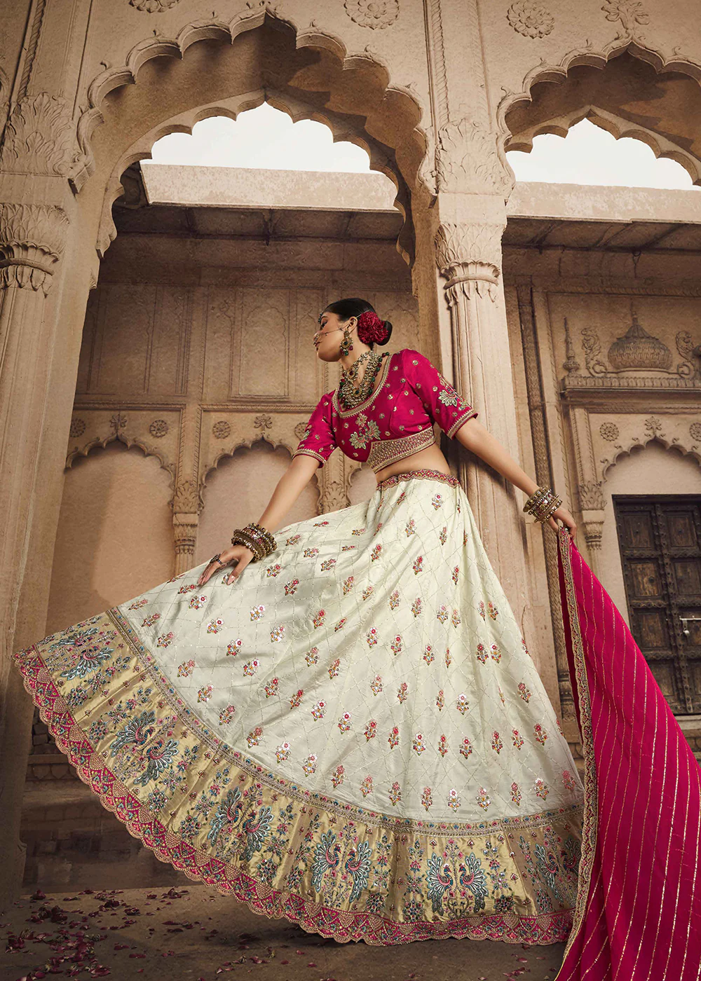 Heavy Viscose Cream & Rani Pink Embroidered Bridal Lehenga Choli - Image 3