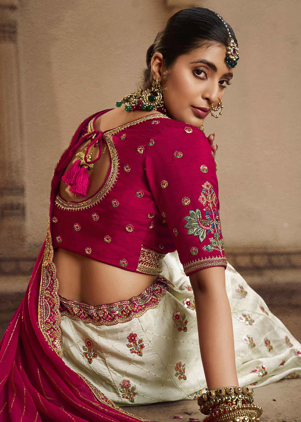 Heavy Viscose Cream & Rani Pink Embroidered Bridal Lehenga Choli - Image 4