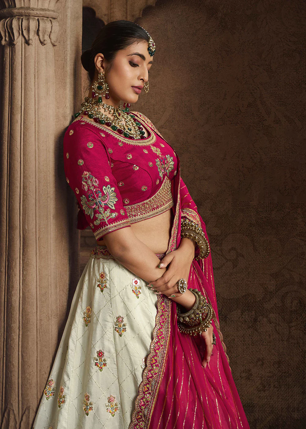 Heavy Viscose Cream & Rani Pink Embroidered Bridal Lehenga Choli - Image 5
