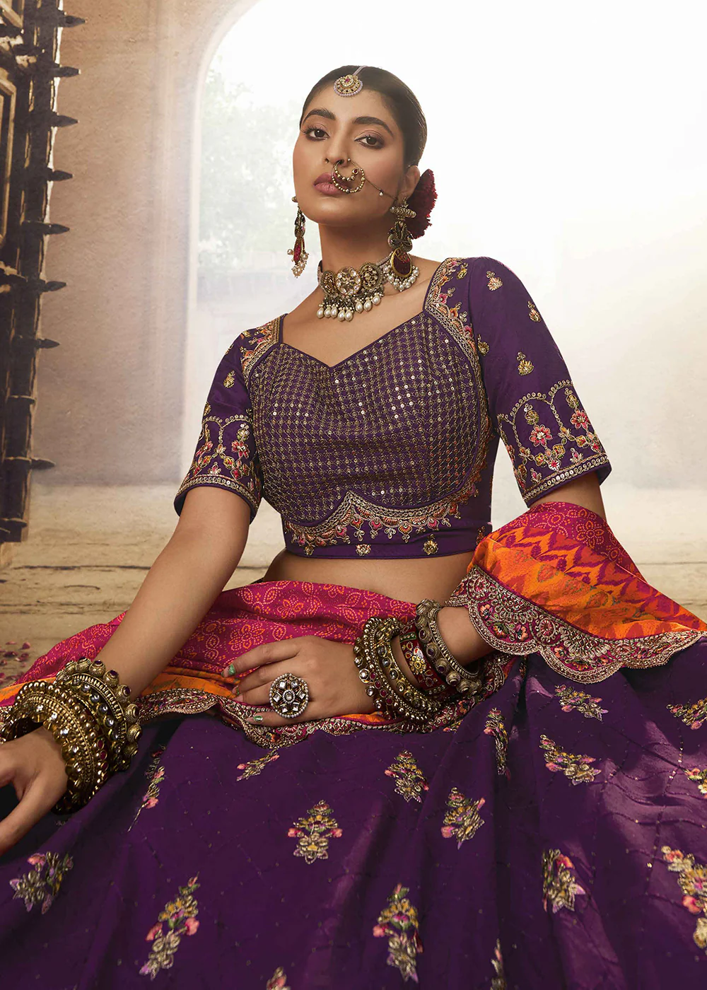 Heavy Viscose Deep Purple Embroidered Bridal Lehenga Choli - Image 2