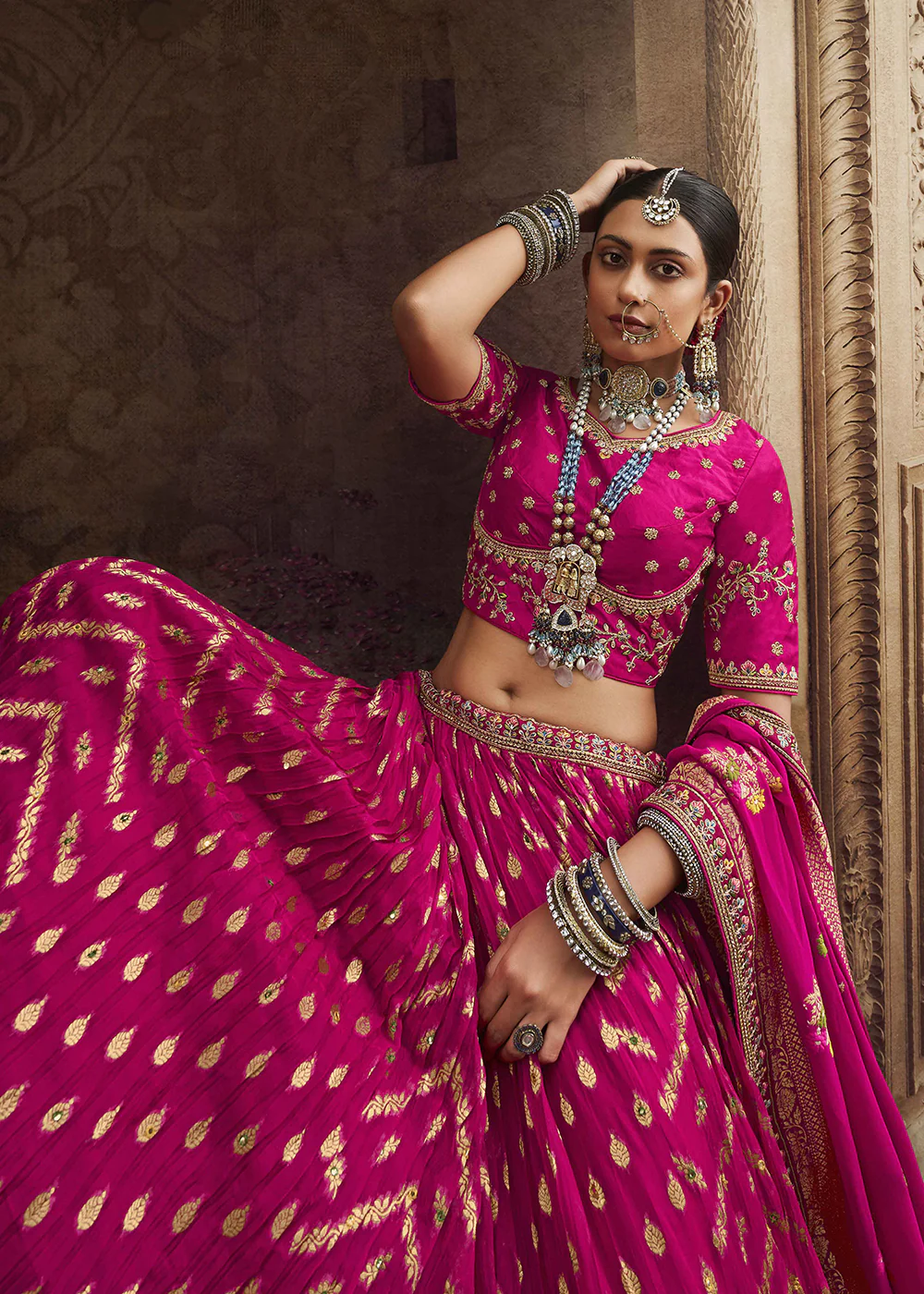 Heavy Viscose Fusion Pink Embroidered Bridal Lehenga Choli - Image 2