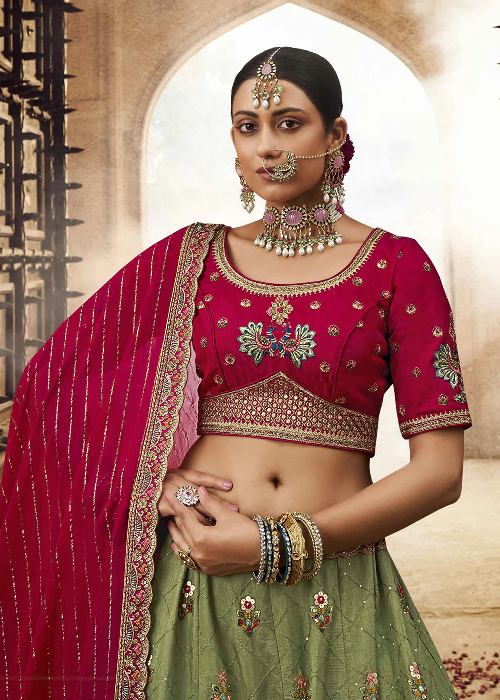 Heavy Viscose Green & Rani Pink Embroidered Bridal Lehenga Choli - Image 2