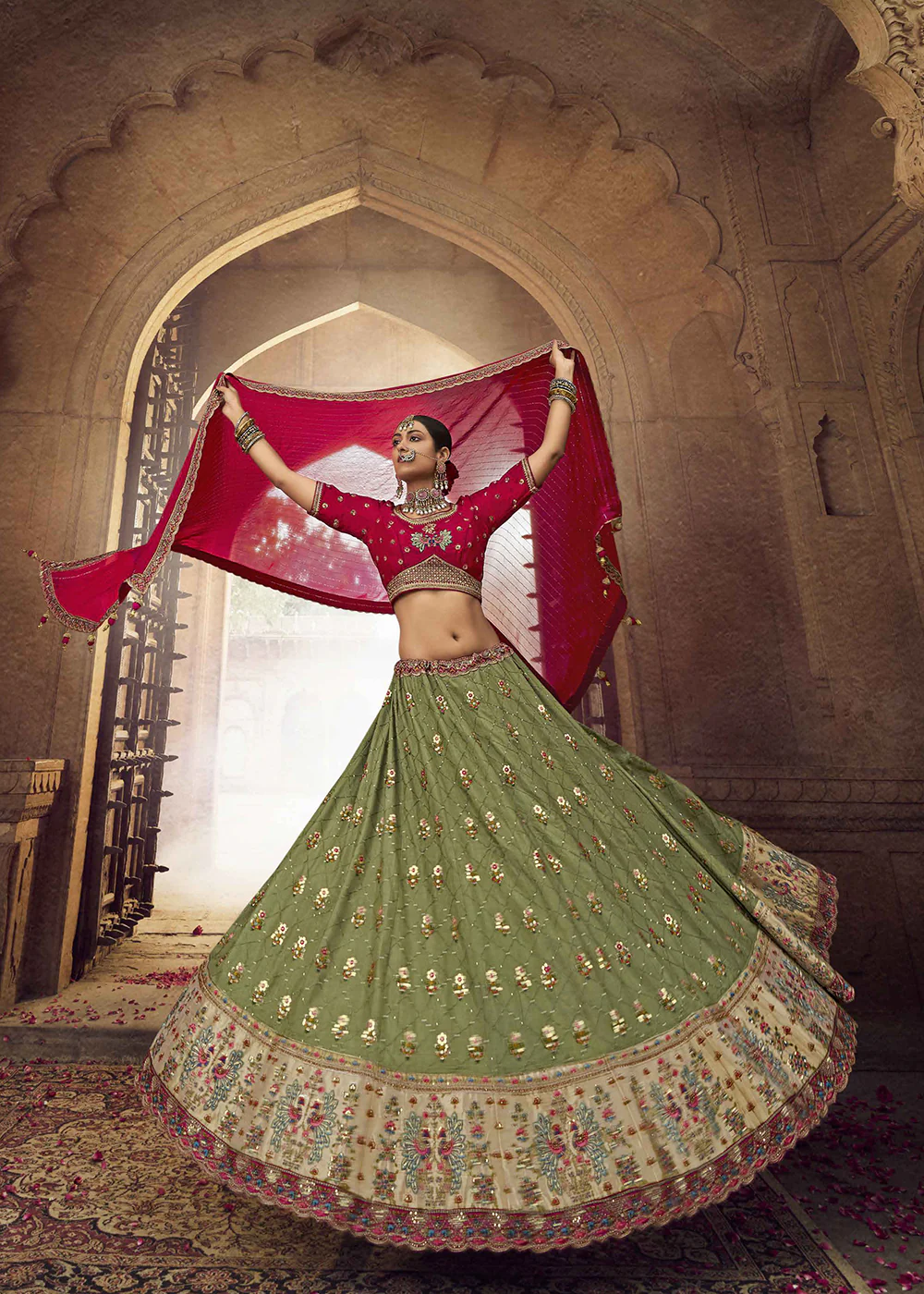 Heavy Viscose Green & Rani Pink Embroidered Bridal Lehenga Choli - Image 3