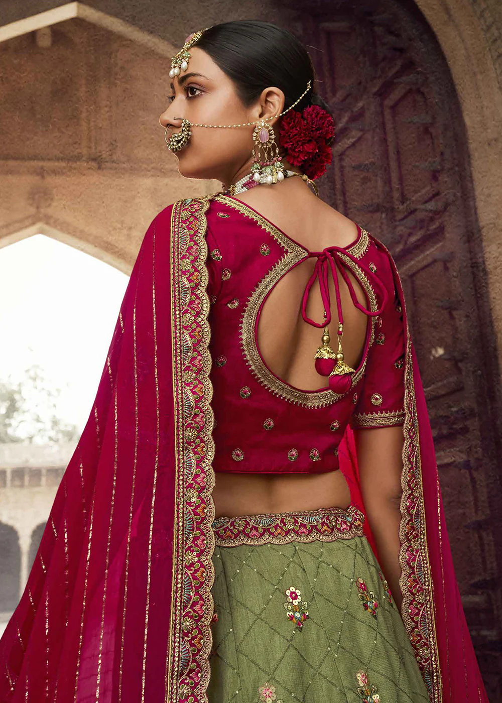 Heavy Viscose Green & Rani Pink Embroidered Bridal Lehenga Choli - Image 4