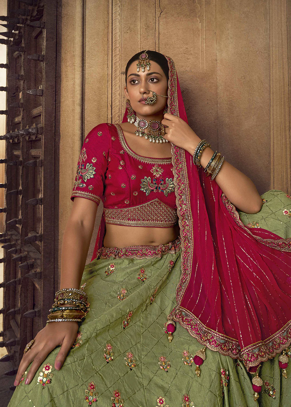 Heavy Viscose Green & Rani Pink Embroidered Bridal Lehenga Choli - Image 5