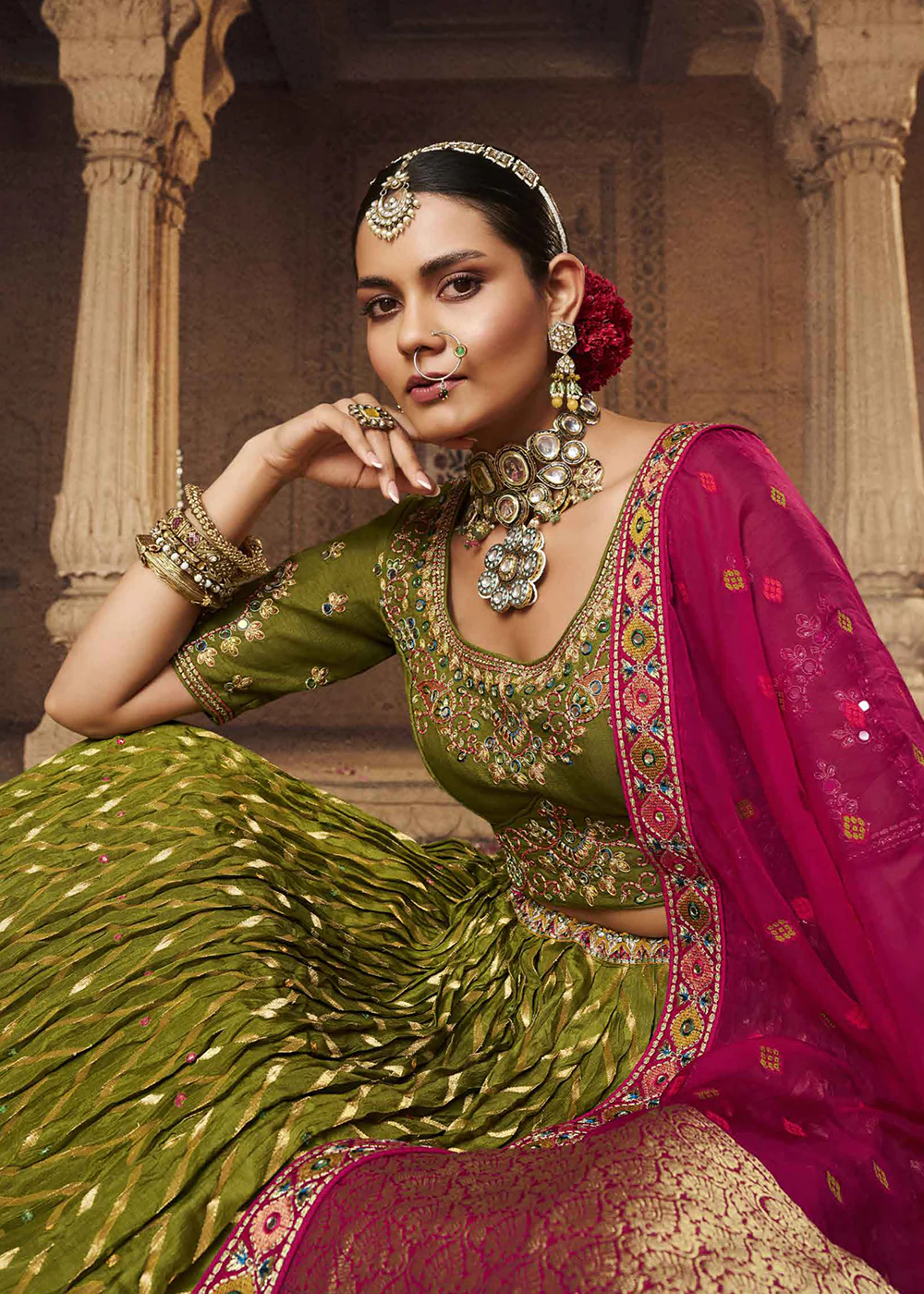 Heavy Viscose Mehndi Green Embroidered Bridal Lehenga Choli - Image 2