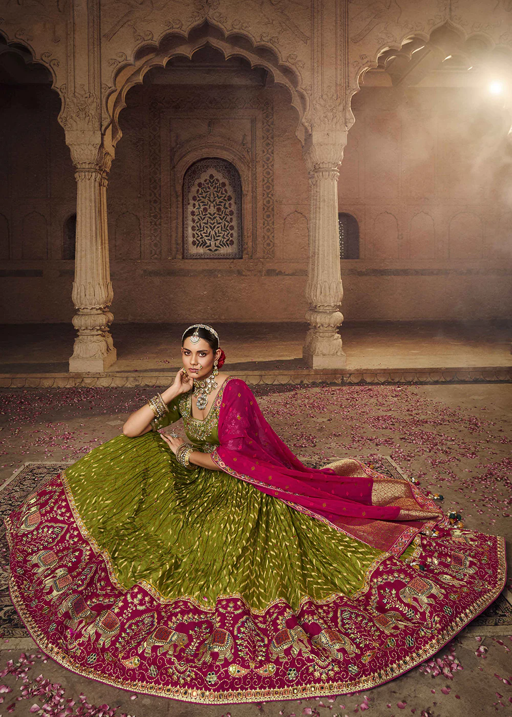 Heavy Viscose Mehndi Green Embroidered Bridal Lehenga Choli - Image 3