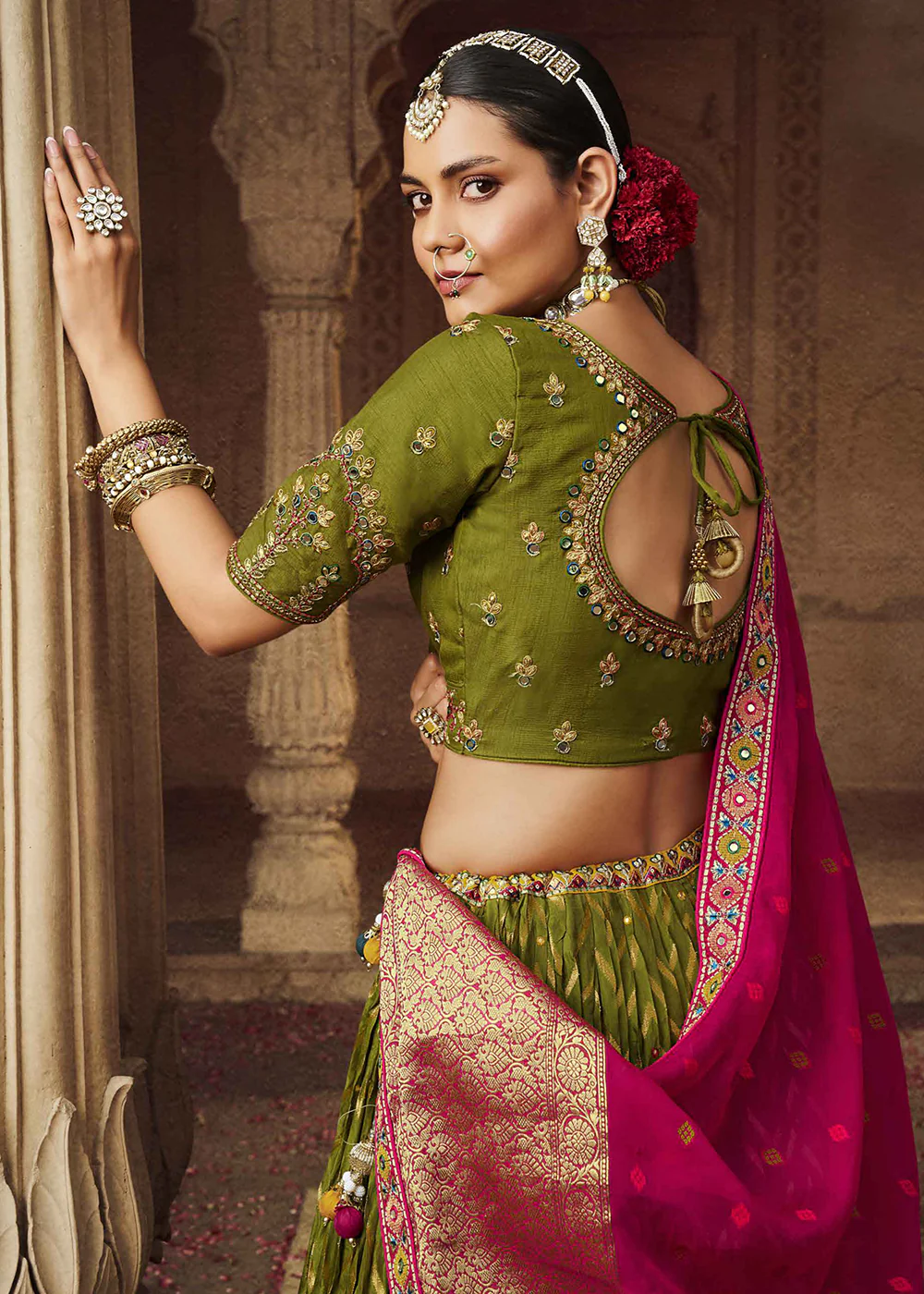 Heavy Viscose Mehndi Green Embroidered Bridal Lehenga Choli - Image 4