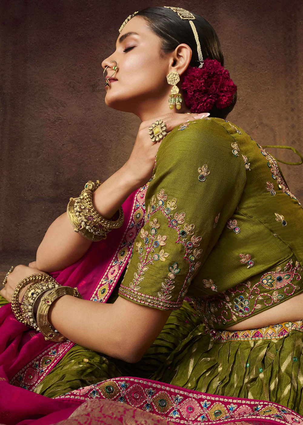 Heavy Viscose Mehndi Green Embroidered Bridal Lehenga Choli - Image 5