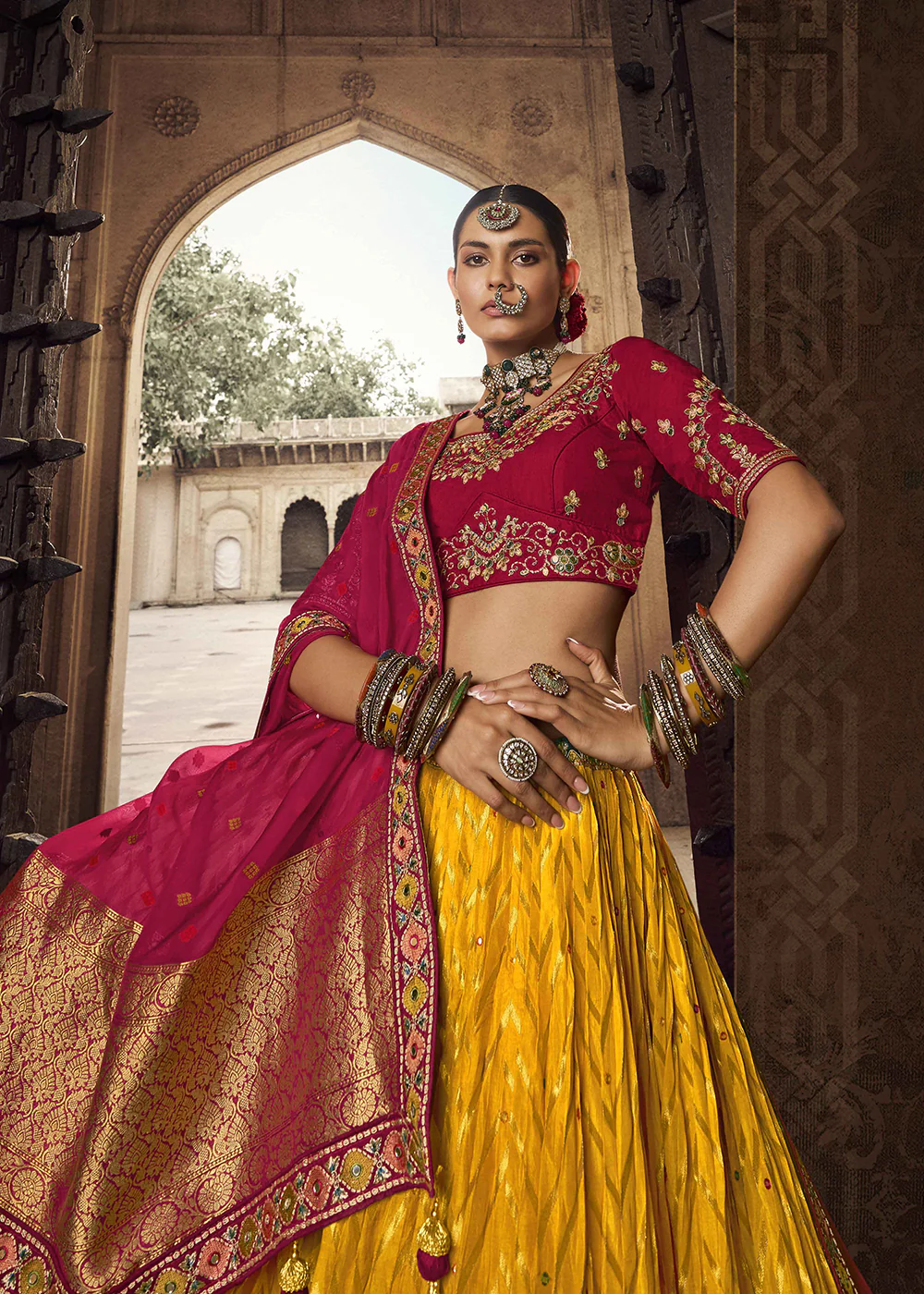Heavy Viscose Mustard & Maroon Embroidered Bridal Lehenga Choli - Image 2