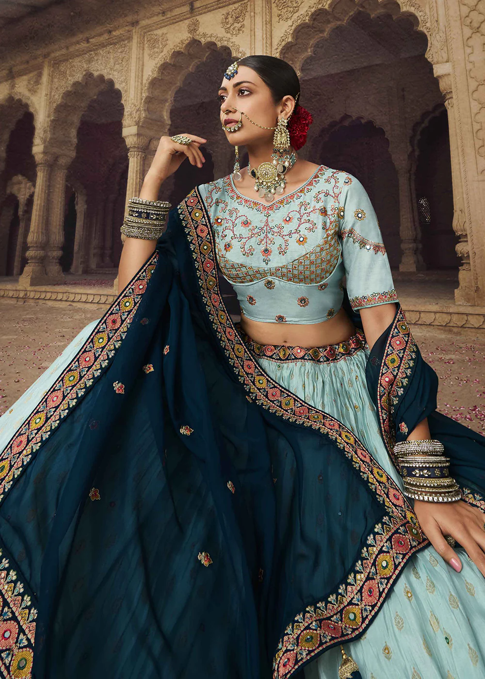 Heavy Viscose Turquoise Embroidered Bridal Lehenga Choli - Image 2