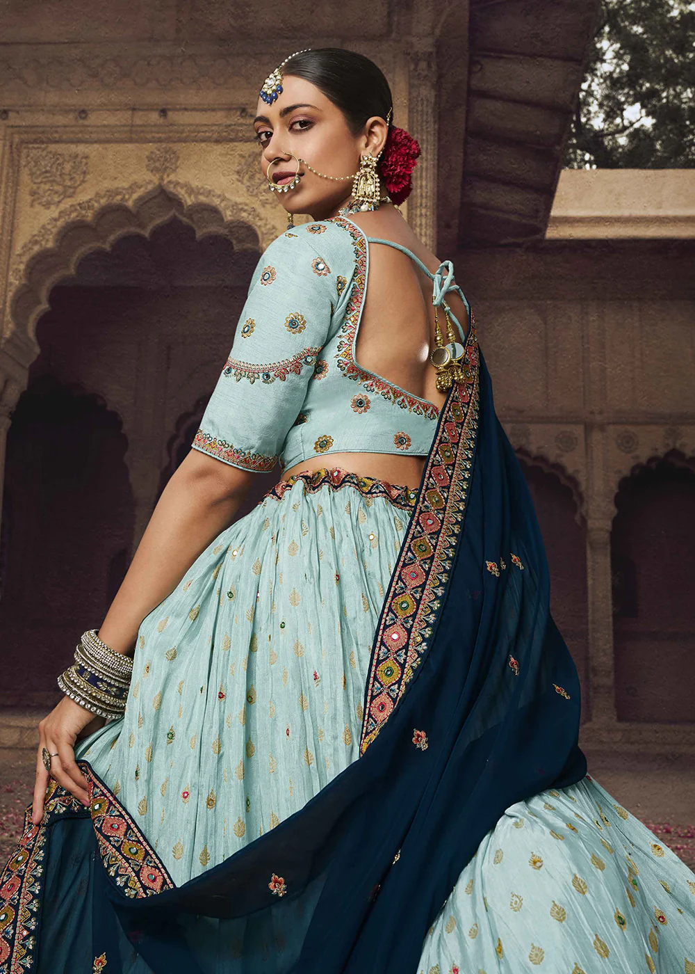 Heavy Viscose Turquoise Embroidered Bridal Lehenga Choli - Image 3