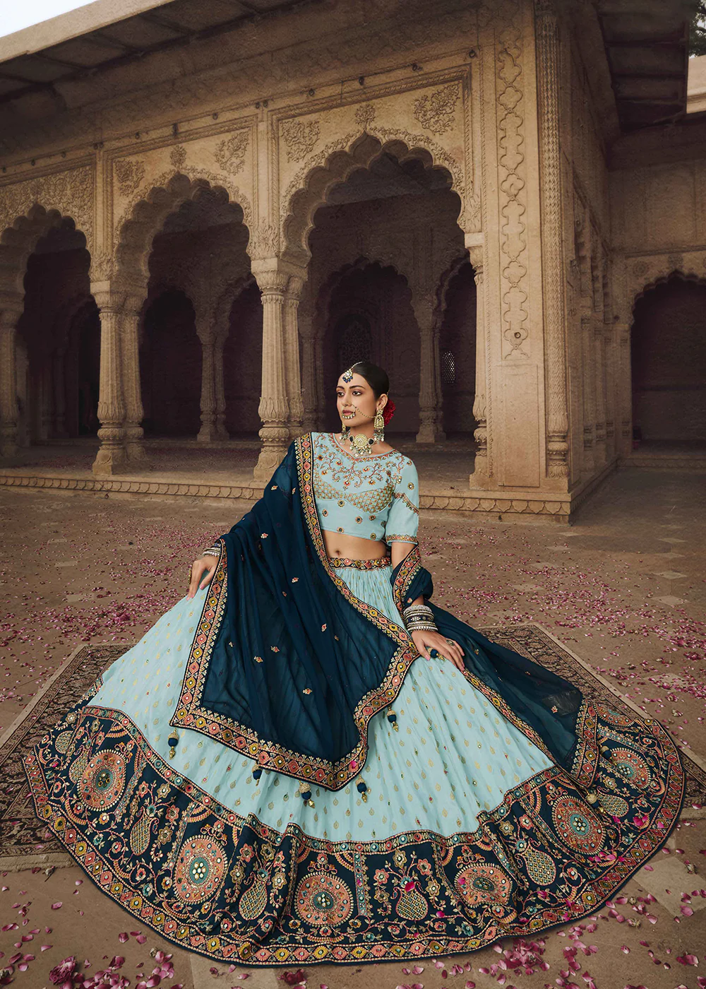 Heavy Viscose Turquoise Embroidered Bridal Lehenga Choli - Image 4