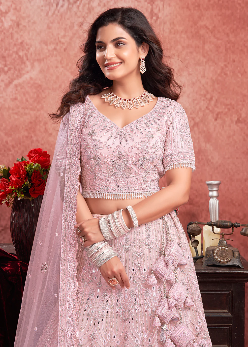 Heavy Zarkan Embroidered Baby Pink Bridal Lehenga Choli - Image 2