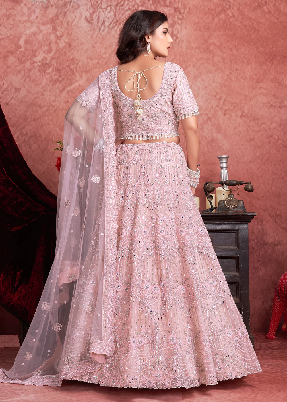 Heavy Zarkan Embroidered Baby Pink Bridal Lehenga Choli - Image 3