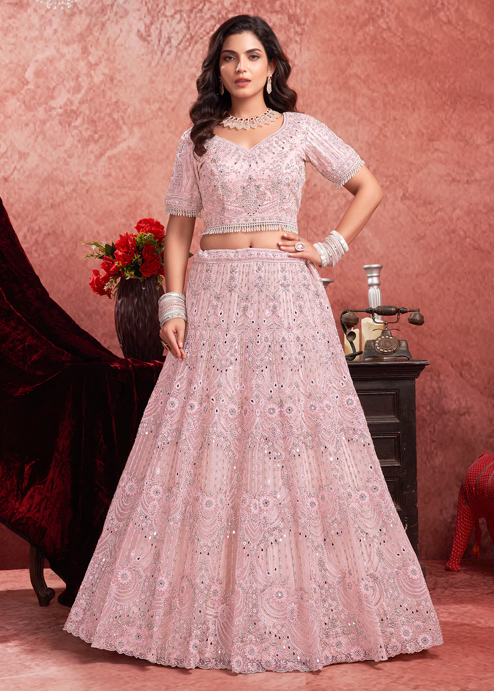 Heavy Zarkan Embroidered Baby Pink Bridal Lehenga Choli - Image 4