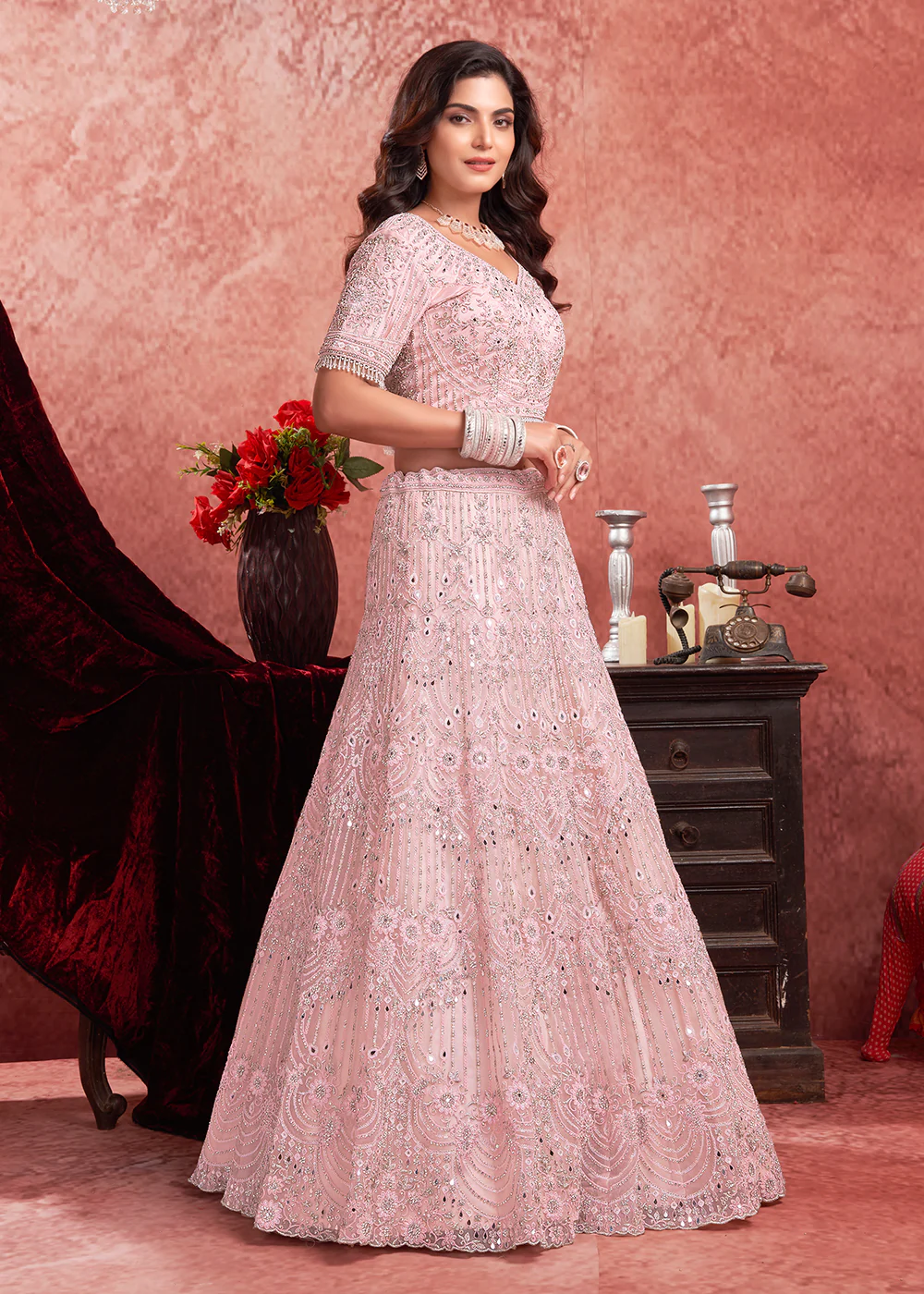 Heavy Zarkan Embroidered Baby Pink Bridal Lehenga Choli - Image 5