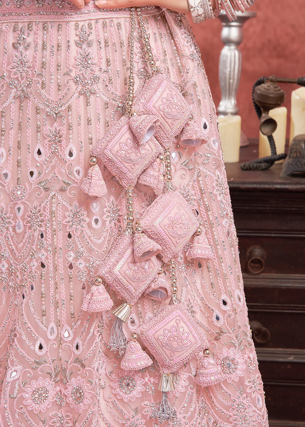 Heavy Zarkan Embroidered Baby Pink Bridal Lehenga Choli - Image 6