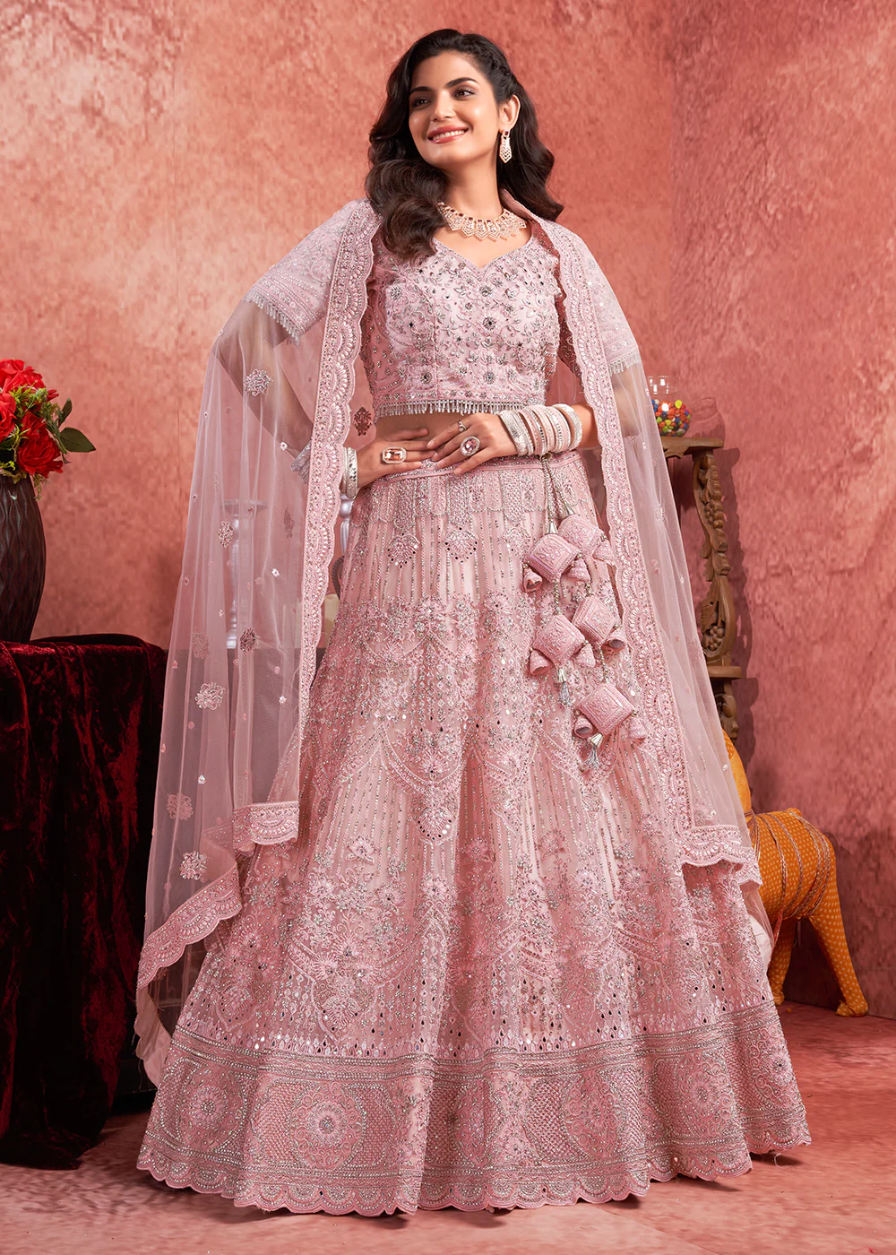 Heavy Zarkan Embroidered Pink Bridal Lehenga Choli