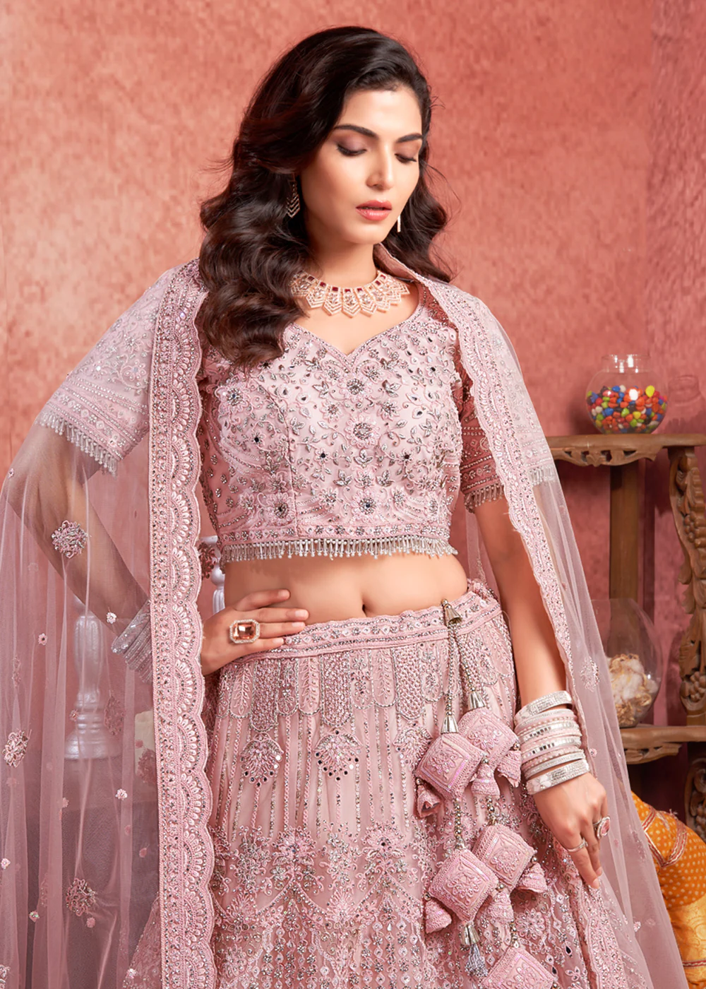 Heavy Zarkan Embroidered Pink Bridal Lehenga Choli - Image 2