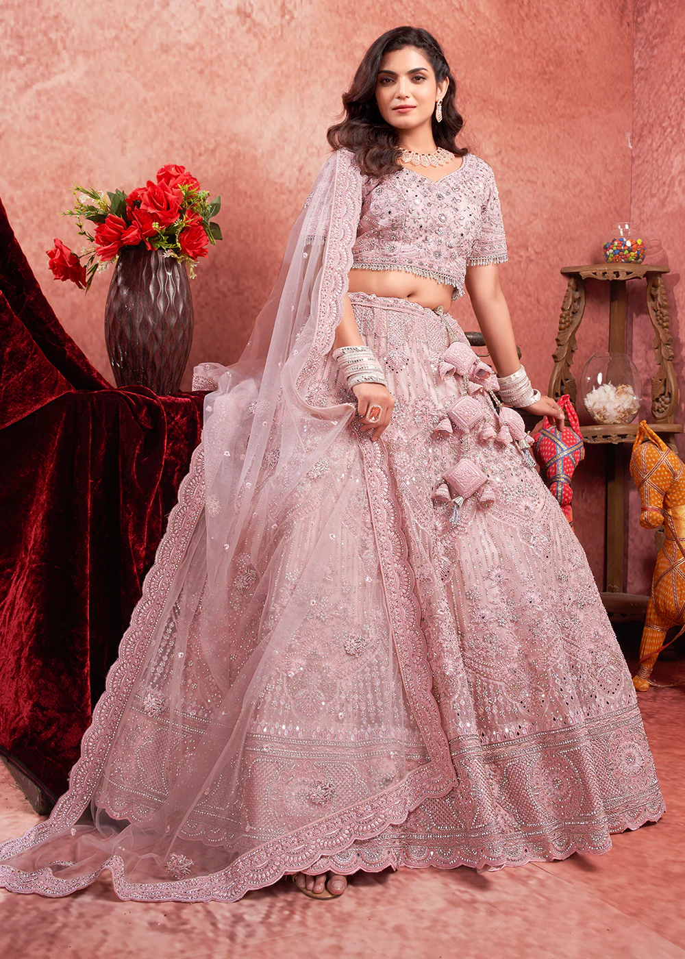 Heavy Zarkan Embroidered Pink Bridal Lehenga Choli - Image 4