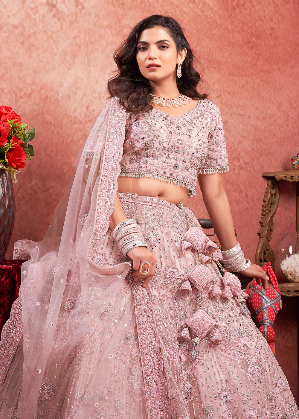 Heavy Zarkan Embroidered Pink Bridal Lehenga Choli - Image 5