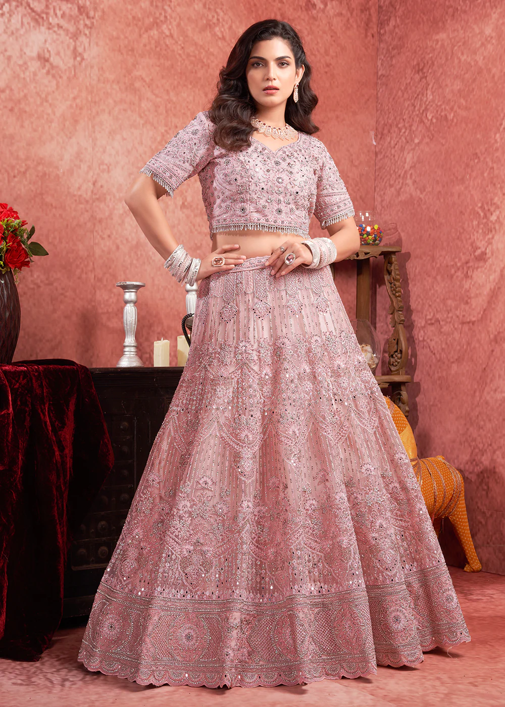 Heavy Zarkan Embroidered Pink Bridal Lehenga Choli - Image 6
