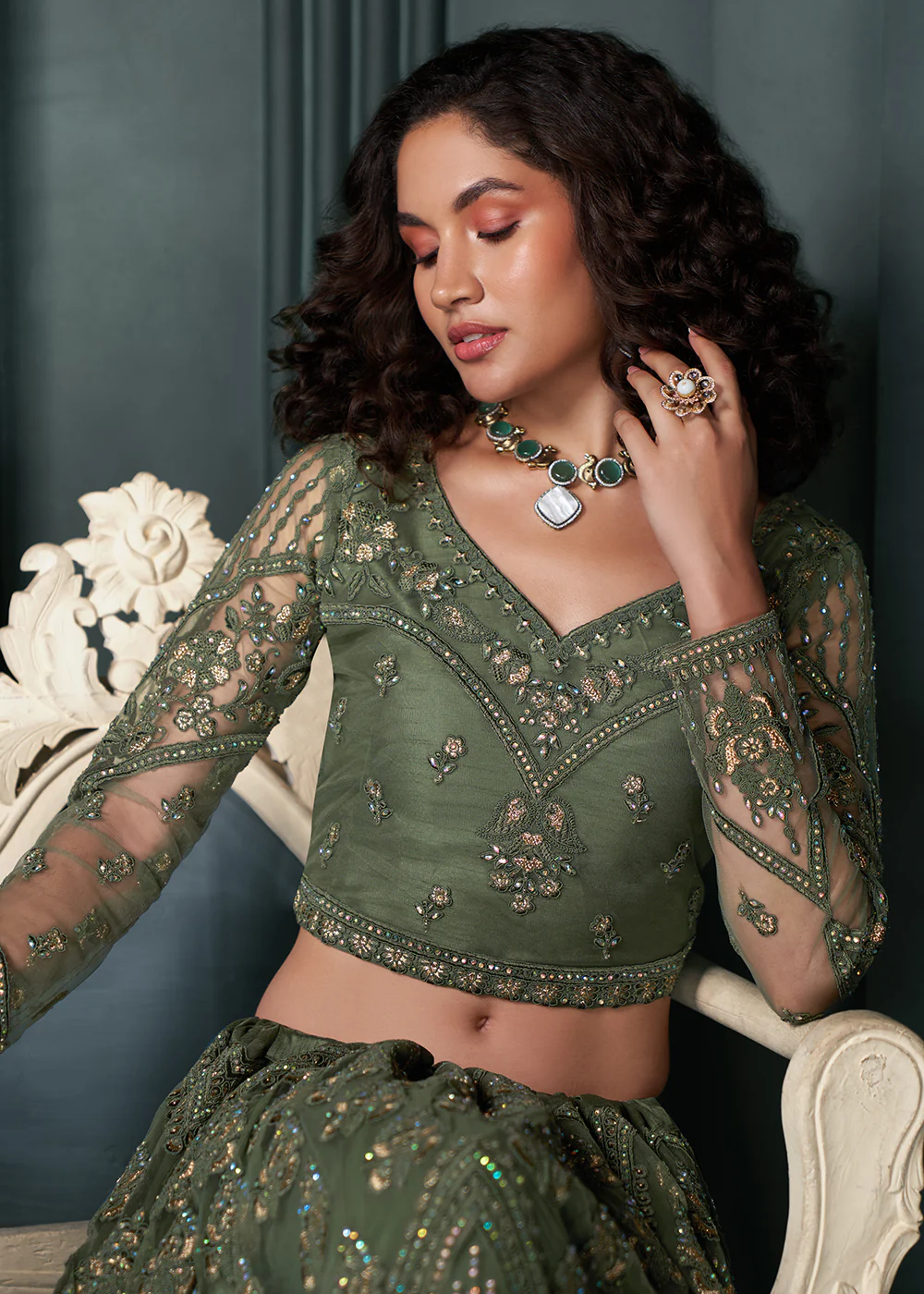 Heritage Green Beautifully Embroidered Bridal Lehenga Choli - Image 2