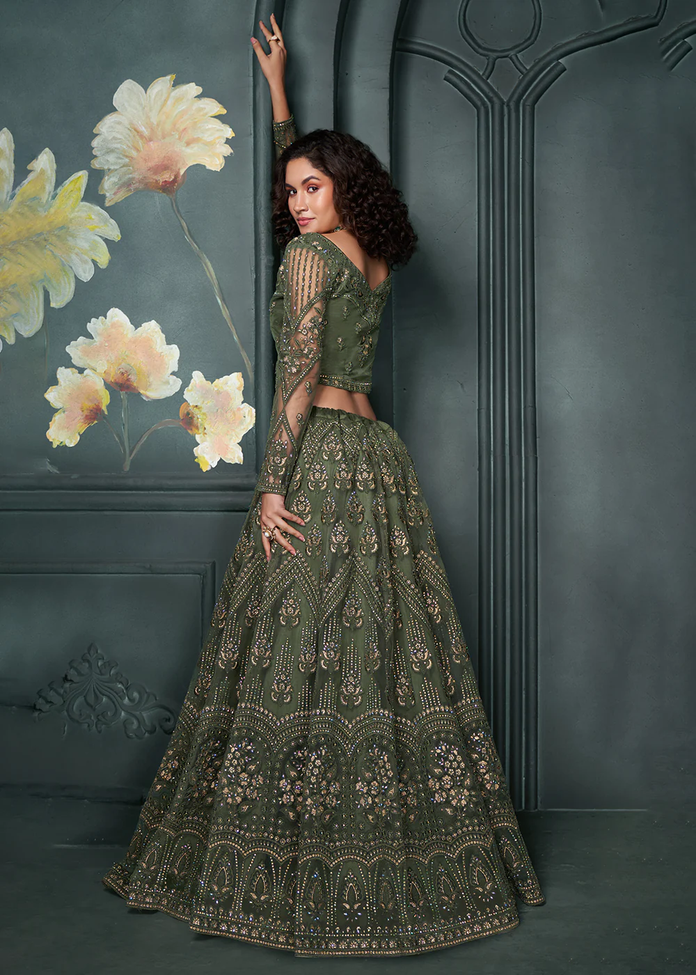 Heritage Green Beautifully Embroidered Bridal Lehenga Choli - Image 3