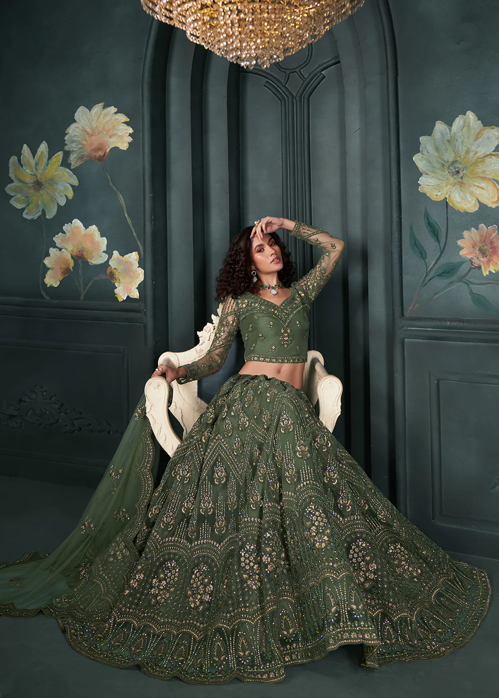 Heritage Green Beautifully Embroidered Bridal Lehenga Choli - Image 4