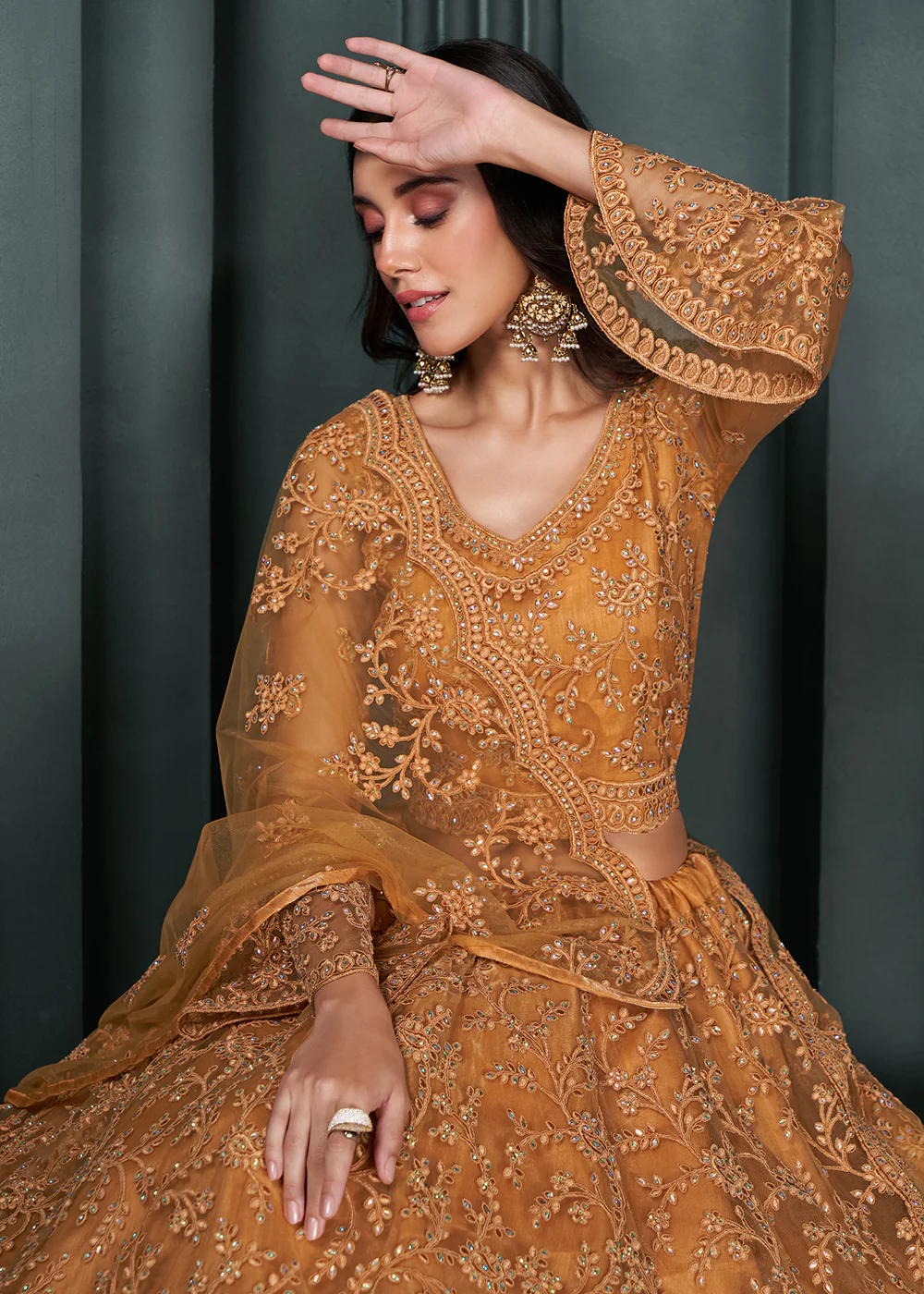 Heritage Orange Beautifully Embroidered Bridal Lehenga Choli - Image 2