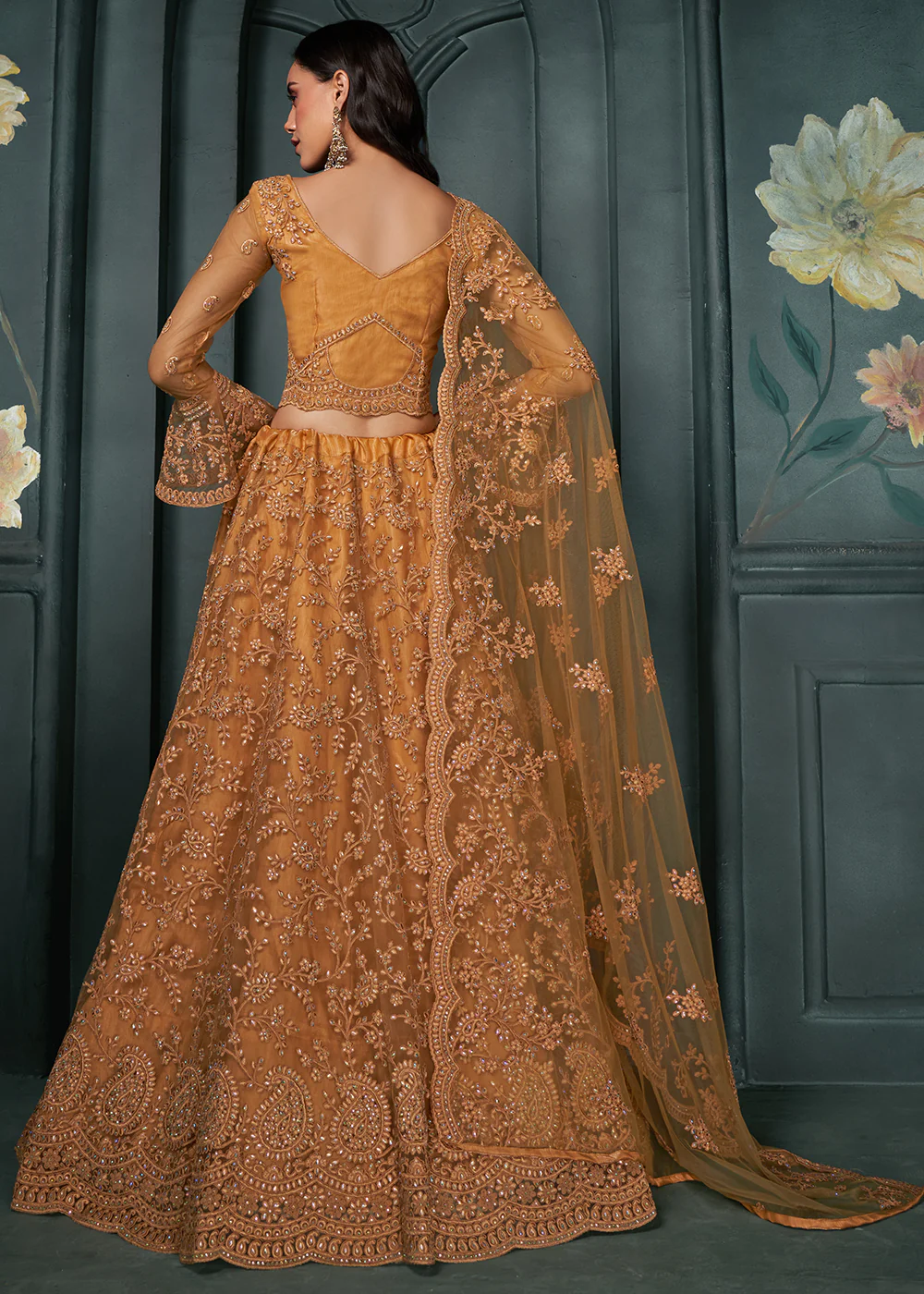Heritage Orange Beautifully Embroidered Bridal Lehenga Choli - Image 3