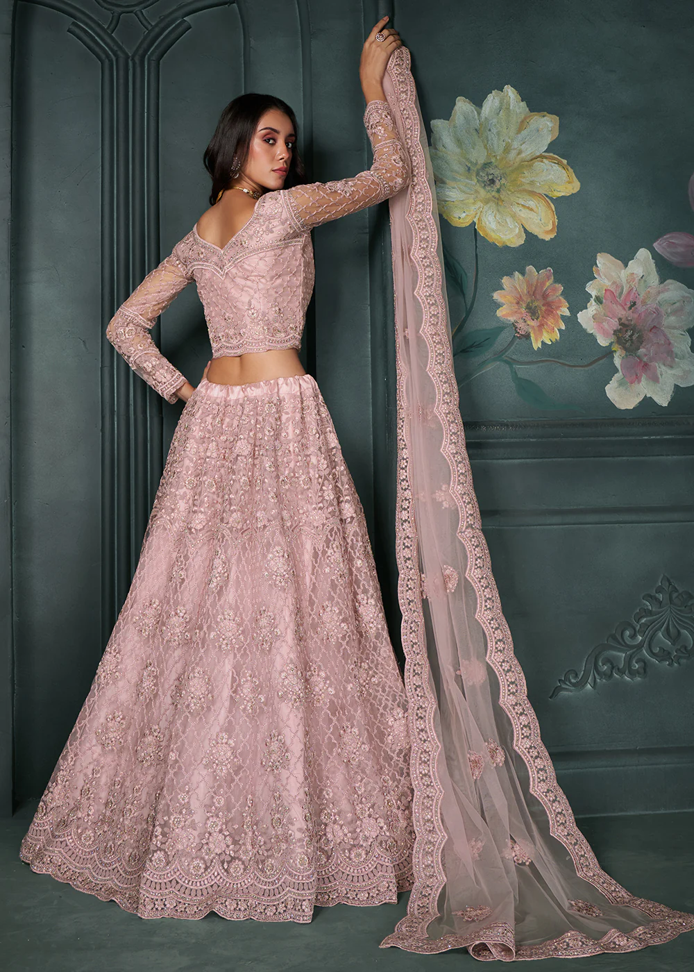 Heritage Pink Beautifully Embroidered Bridal Lehenga Choli - Image 3