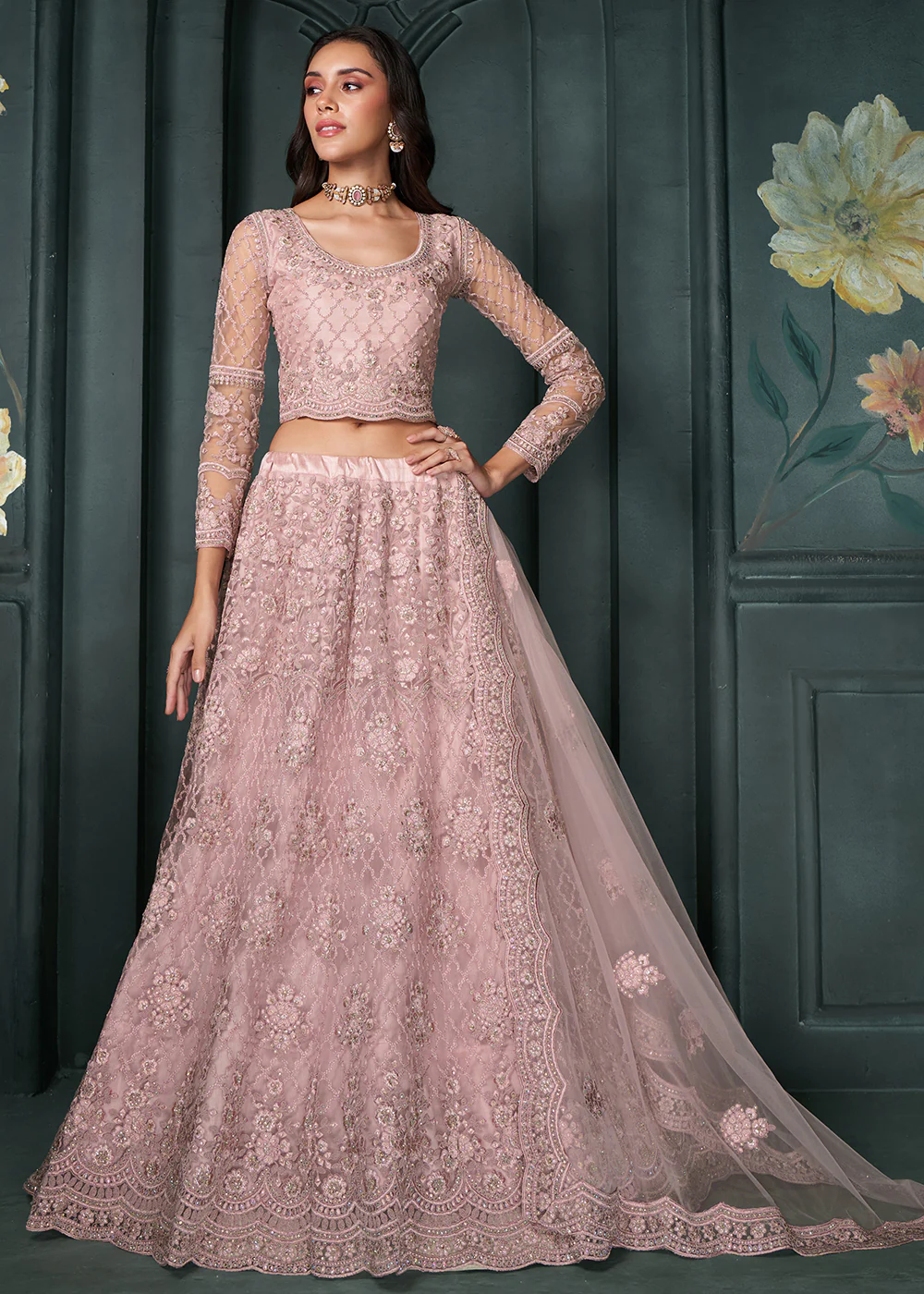Heritage Pink Beautifully Embroidered Bridal Lehenga Choli - Image 4