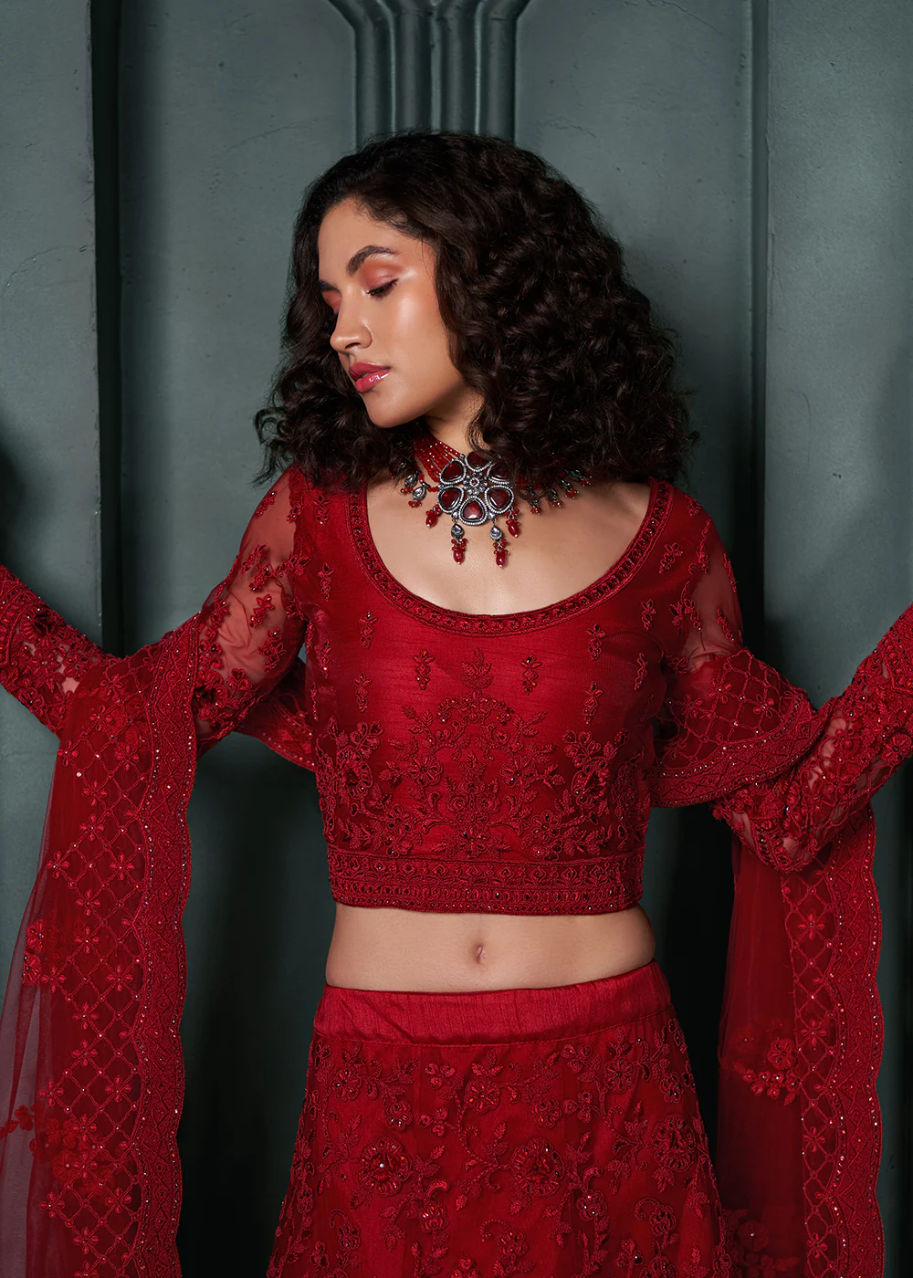 Heritage Red Beautifully Embroidered Bridal Lehenga Choli - Image 2