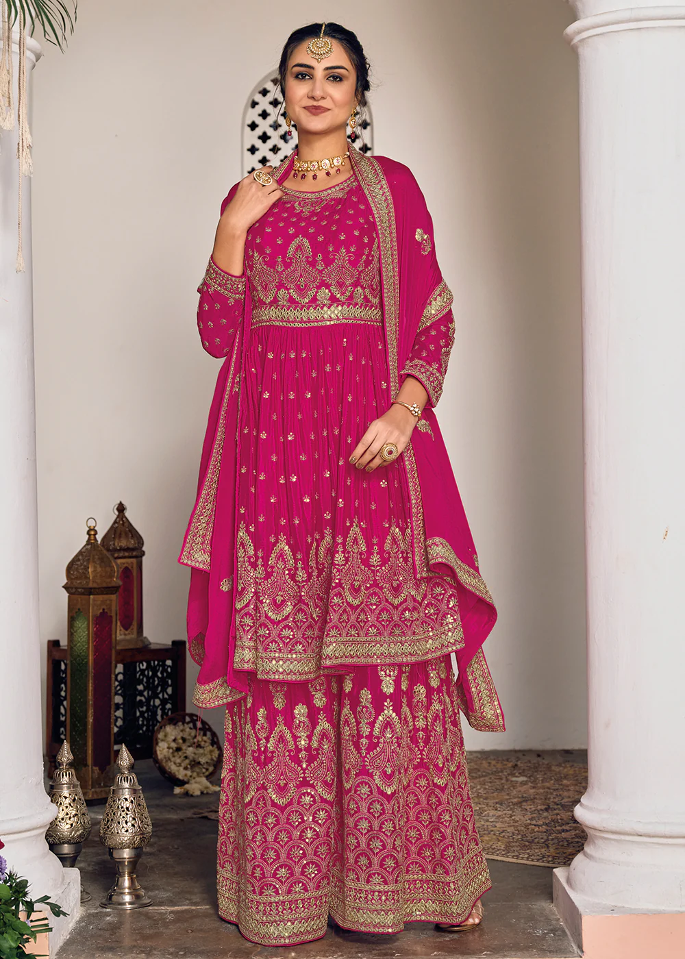 Hot Pink and Gold Embroidered Designer Sharara Suit