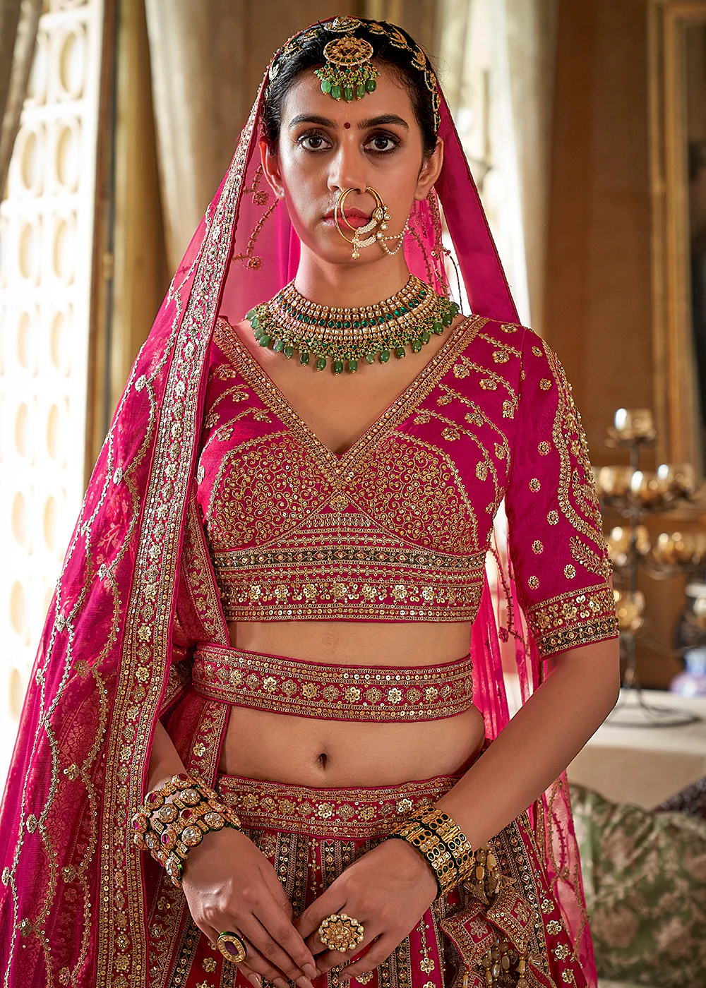 Hot Pink Bridal Silk Sabyasachi Inspired Lehenga Choli - Image 2