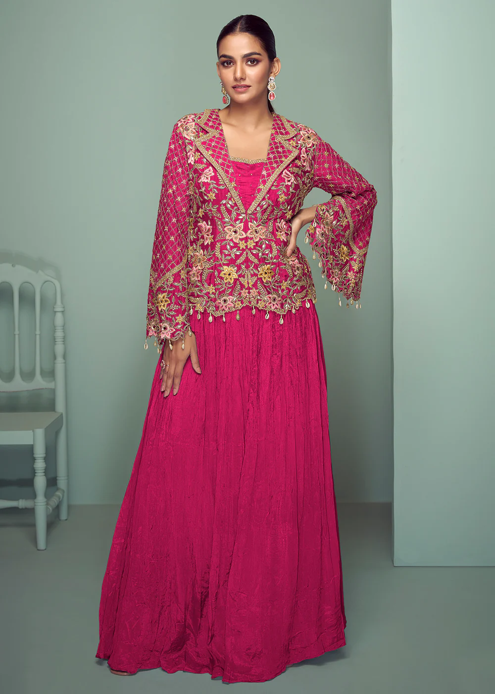 Hot Pink Chinnon Embroidered Lehenga Skirt Style Suit