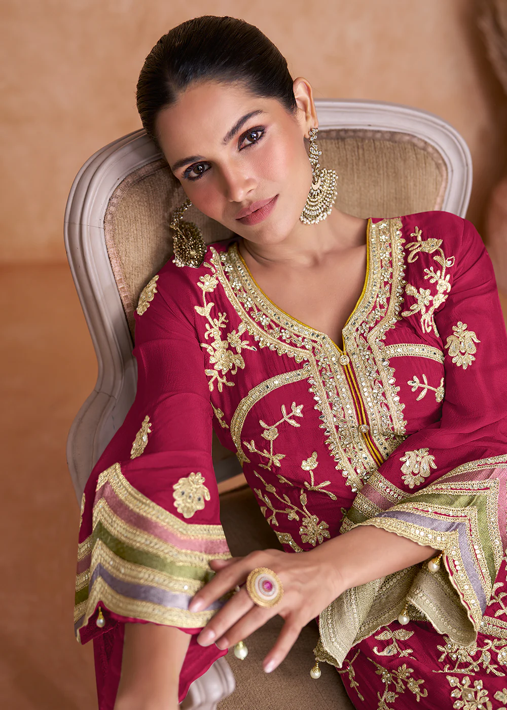 Hot Pink Chinnon Fabric Embroidered Designer Salwar Suit - Image 2