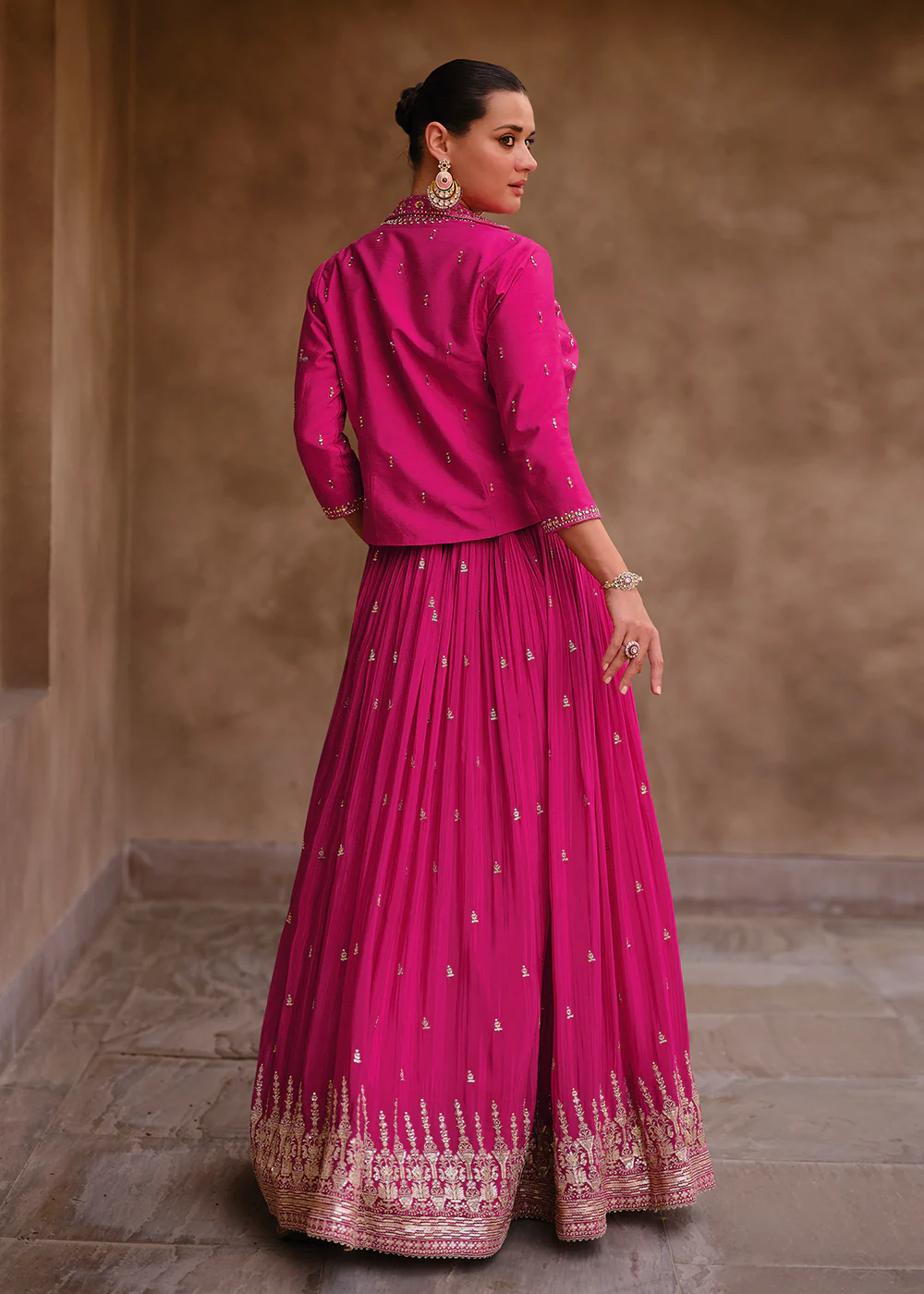 Hot Pink Chinnon Silk Embroidered Designer Lehenga Choli - Image 3