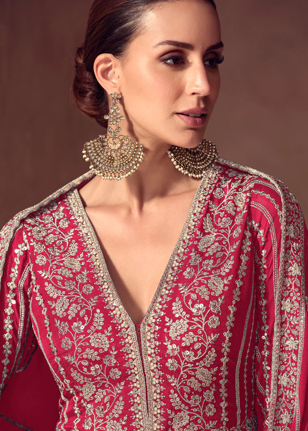 Hot Pink Chinnon Wedding Style Anarkali Gown - Image 2
