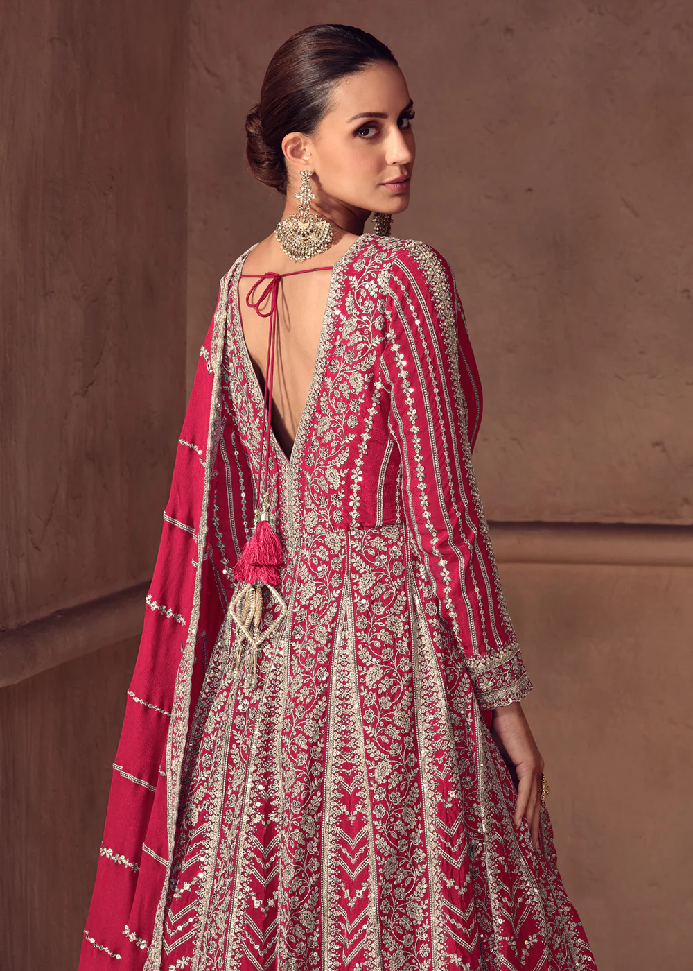 Hot Pink Chinnon Wedding Style Anarkali Gown - Image 3