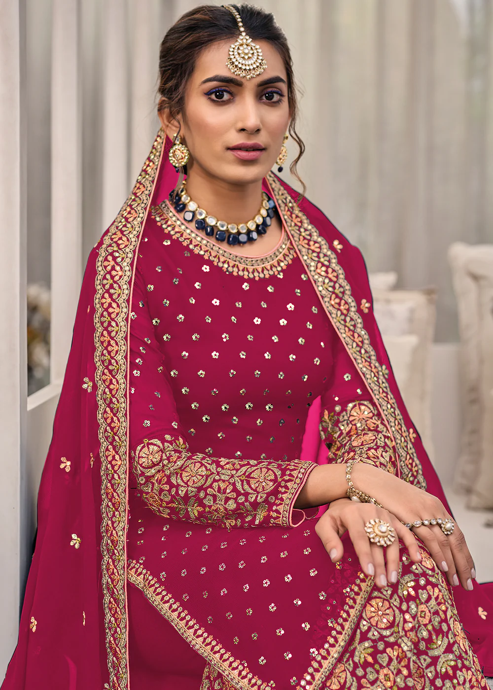Hot Pink Chinon & Georgette Designer Palazzo Salwar Suit - Image 2