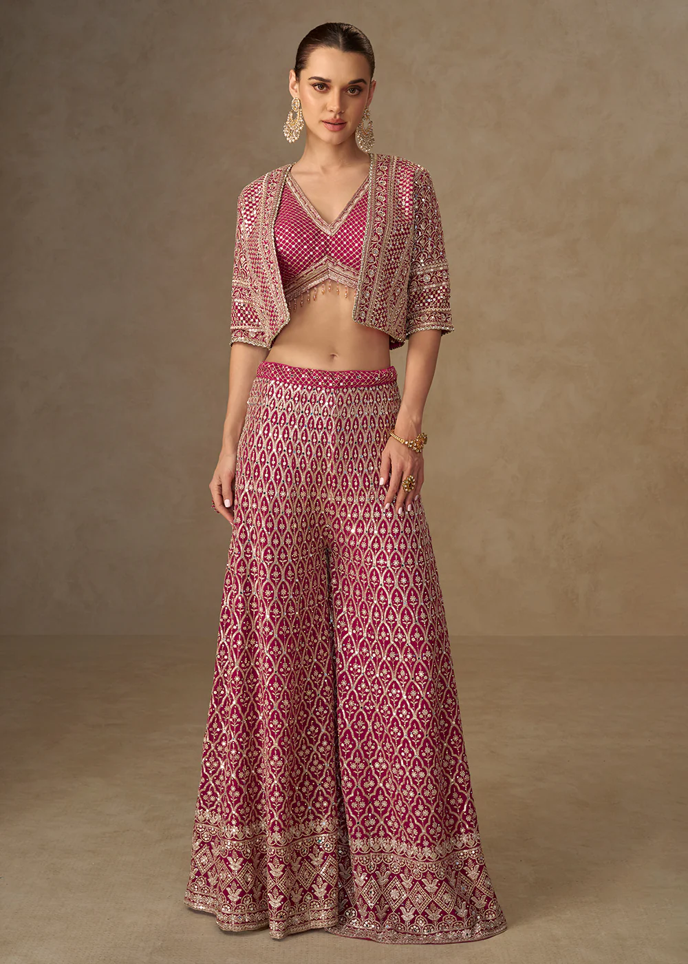 Hot Pink Crop Top Style Indo Western Palazzo Suit