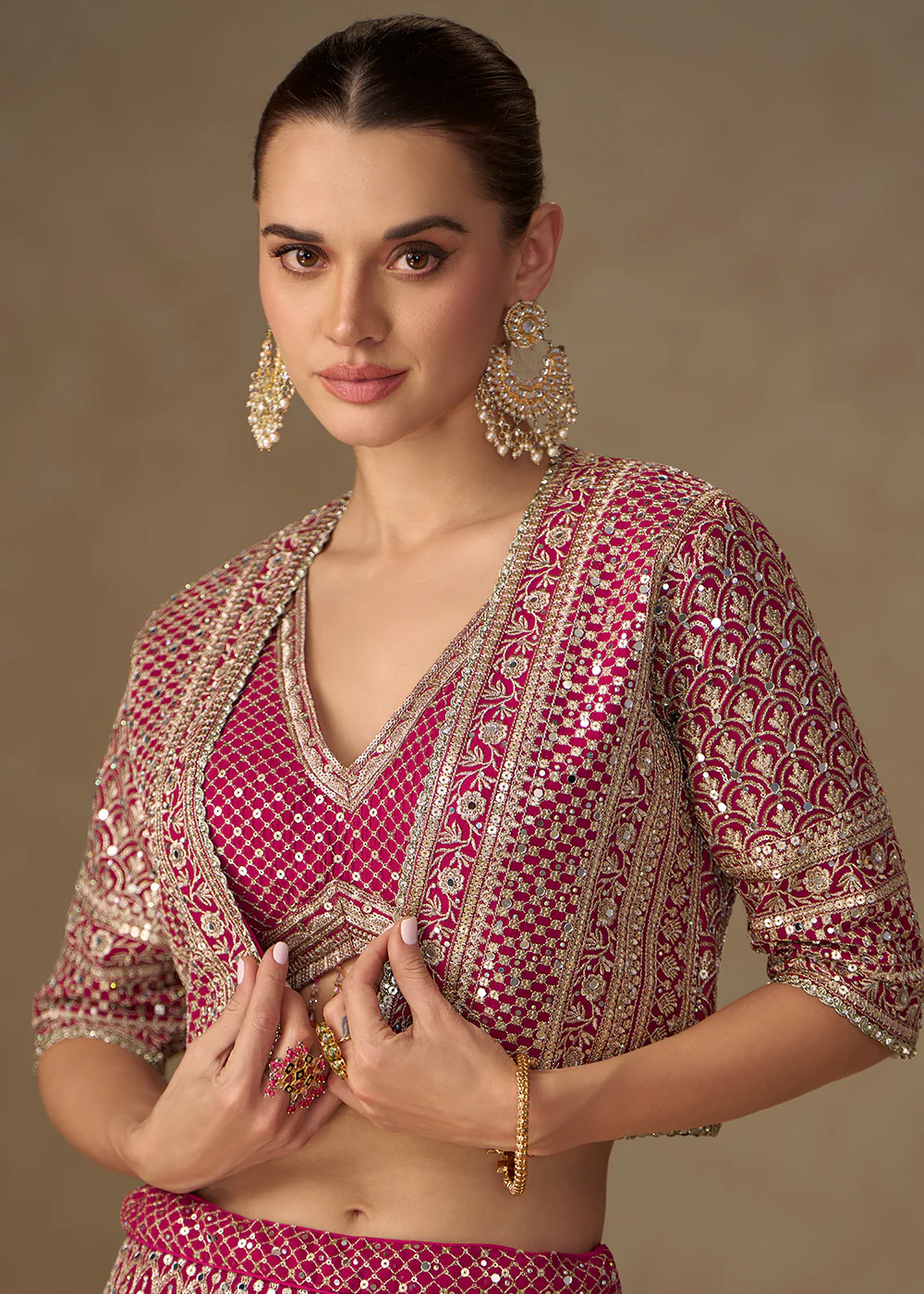 Hot Pink Crop Top Style Indo Western Palazzo Suit - Image 2