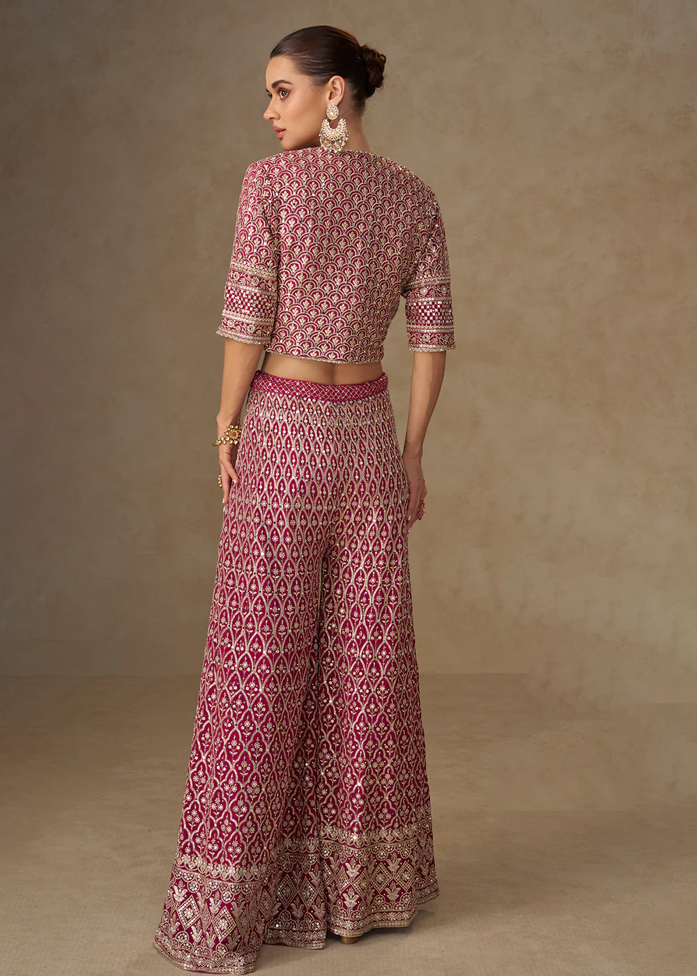 Hot Pink Crop Top Style Indo Western Palazzo Suit - Image 3