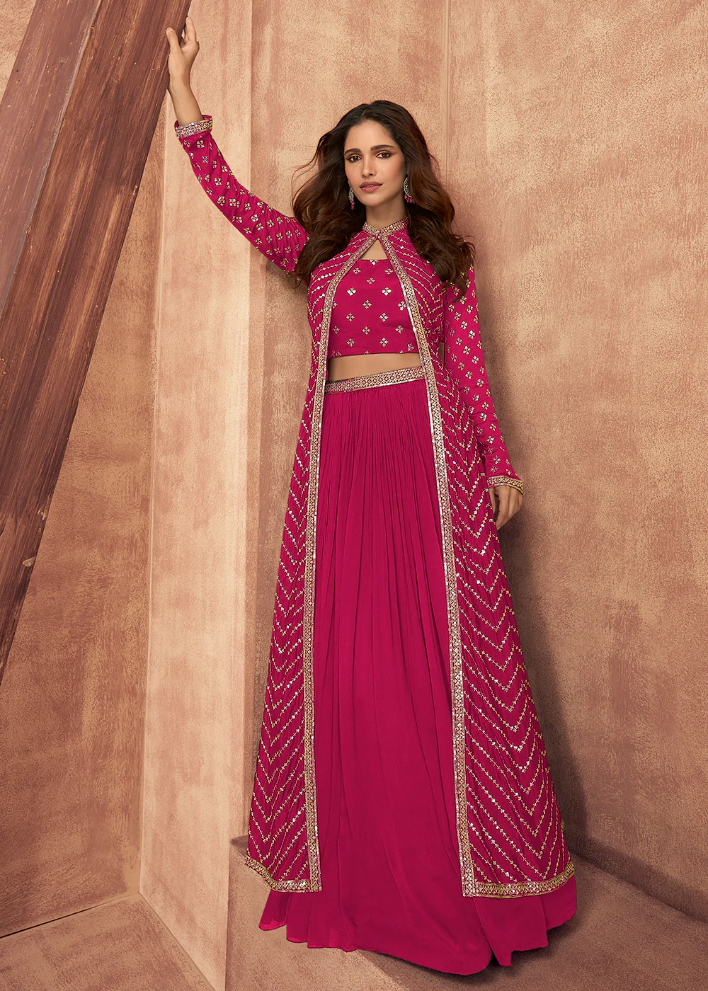 Hot Pink Dola Silk Party Wear Lehenga Choli with Jacket