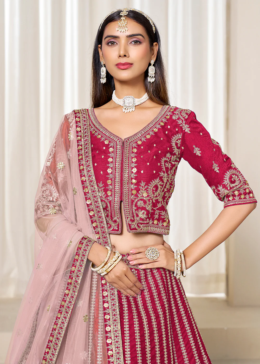 Hot Pink Embroidered Art Silk Wedding Lehenga Choli - Image 2
