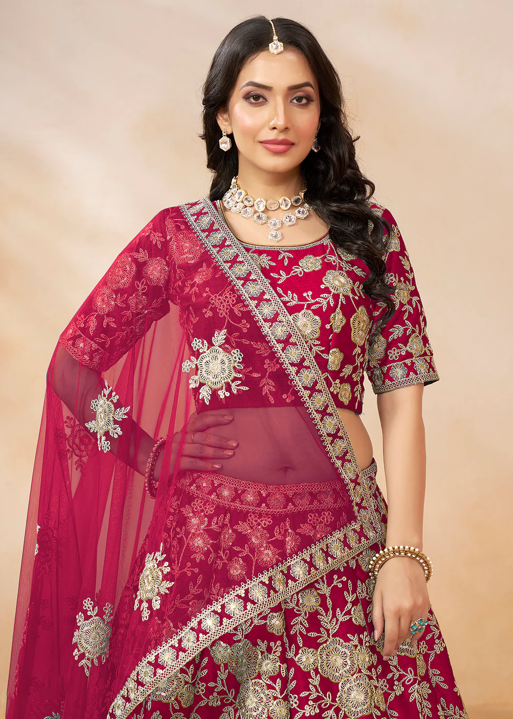 Hot Pink Embroidered Art Silk Wedding Lehenga Choli - Image 2