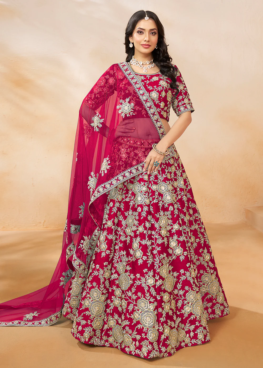 Hot Pink Embroidered Art Silk Wedding Lehenga Choli - Image 3